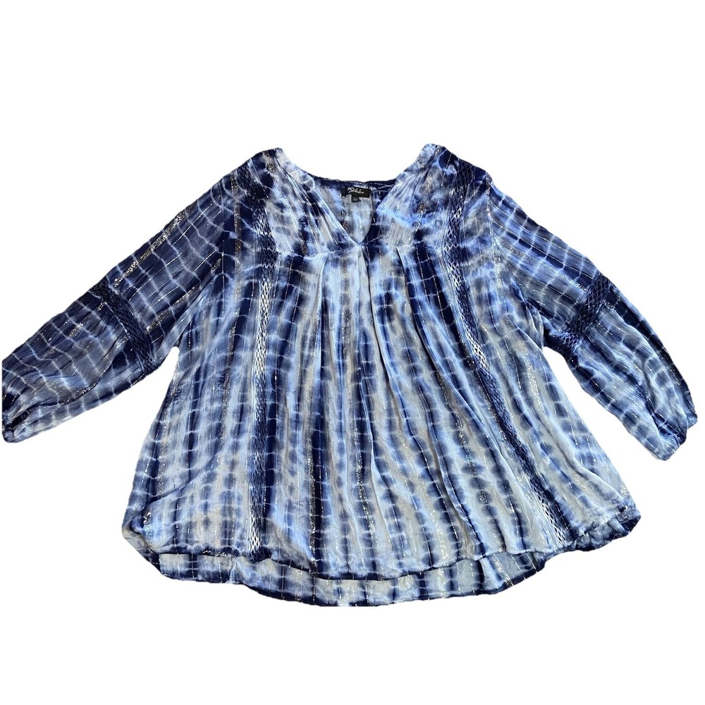 RD Koko Blue Tie Dye Silver Metallic Stripe V-Neck Blouse Top Plus Size 2X‎ Boho